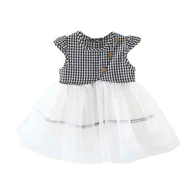 

Summer Casual Baby Girls Patchwork Design Flare Sleeve Plaid Dress Cotton Mesh Kids Toddler Sundress