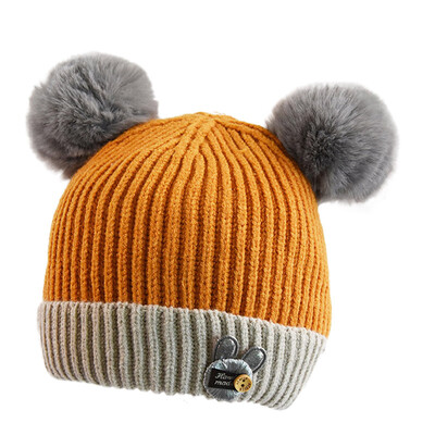 

Warm Winter Newborn Cute Warm Kids Girls Boys Baby Cartoon Bear Hats Knitted Wool Hemming Caps With Ball