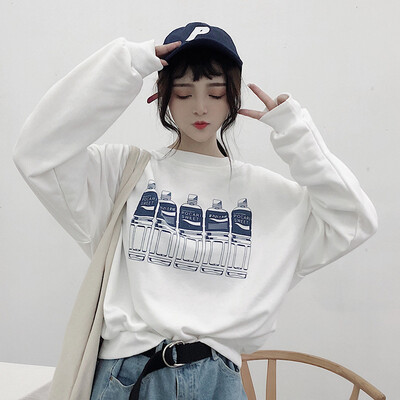 

Women Hoodies Sweatshir O-neck Mineral Water Bottle Printing Long Sleeve Pullover Top Wild White Harajuku Hooded Sweatshirts