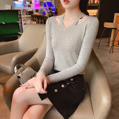 

Retro Solid Sexy Long Sleeved Sweater Off-shoulder Long Knitwear Sweater Slim Women Tops
