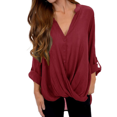 

Autumn New Solid Color Irregular Hem Blouse Fashion Sexy Deep V-neck Long-sleeved Women Shirt