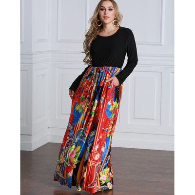 

Women Maxi Long Dress Print Long Sleeves Pockets Elastic High Waist Plus Size Autumn Dress Vestidos