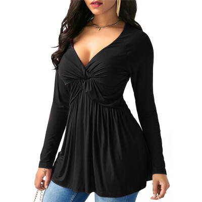 

Women Autumn Plus Size Sexy Deep V Neck Long Sleeve Ruffle Solid T Shirt Loose Casual Tops