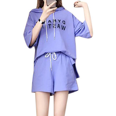 

Women Summer Loose Simple Letter Print Hooded Short-sleeved Tops Drawstring Solid Color Casual Shorts Two-Piece set women