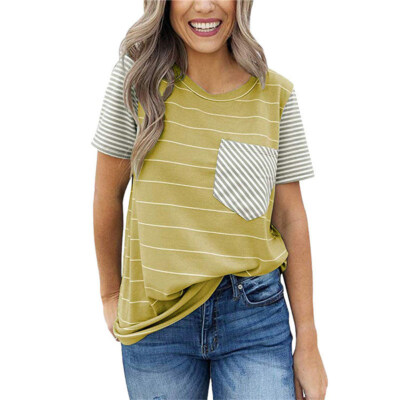 

Casual Summer Women Striped Patch Pocket T-Shirt Short Sleeve Round Neck Top