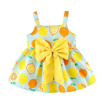 

Summer New Sweet Baby Girls Adorable Bow Lemon Printed Sling Dress Kids Sleeveless Dress For 0-24 Months