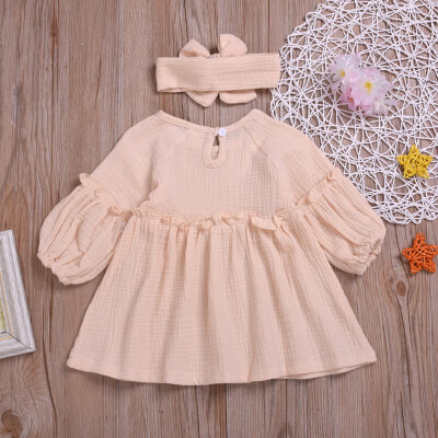 

Summer Casual Fashion Baby Girl Cute Solid Color Seven-quarter Sleeve Princess DressHeadband 0-4Y Lovely Toddler Girl Clothes