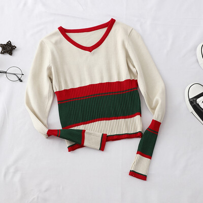 

Slim Long-sleeved Knitted Shirt Women Fahsion Sweater Women Stitching V-neck T-shirt
