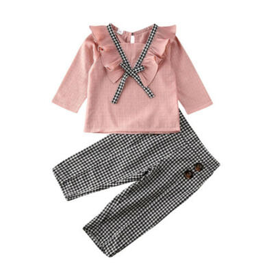 

2019 Fashion Toddler Baby Girl Clothes Ruffle Top Plaid Pants Tracksuit Outfits