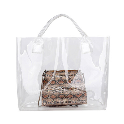 

2PcsSet Lady Summer Beach Transparent Tote Handbag Snakeskin Print Shoulder Bag