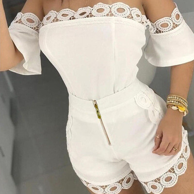

Women Two Piece Streetwear Hollow Out Lace Detail Off Shoulder Short Sleeve Set