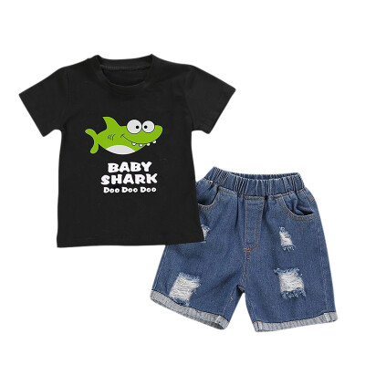 

Summer Baby Girls Casual Cartoon Shark Printing Short Sleeve T-shirt And Denim Short Pants Kit Kids Clothes Two-piece Outfit Set