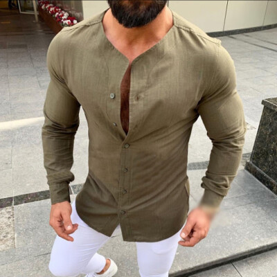 

Mens T-shirt Button Down Long Sleeve Sports Casual Solid Color Simple Loose