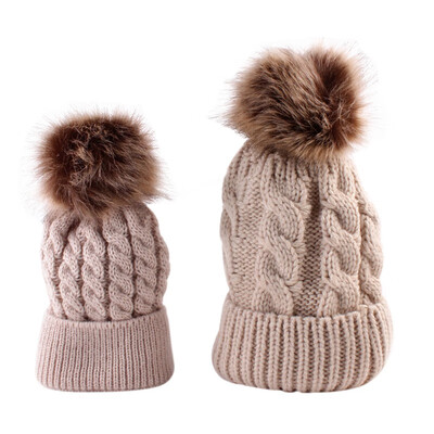 

2Pcs Cute Women Mother Baby Parent-child Hats Kids Boys Girls Knitted Crochet Warm Winter Knit Fur Hook Pompon Winter Caps