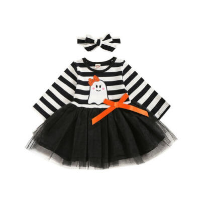 

2PCS Infant Baby Girls Halloween Ghost Striped Tutu Tulle DressHeadband Outfits