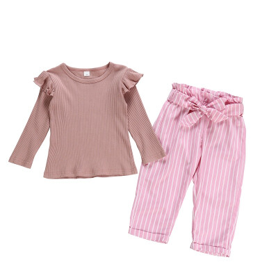 

New Baby Girls Round Collar Casual Autumn Solid Color Sweater Cotton Sweater Stripes Print Pants