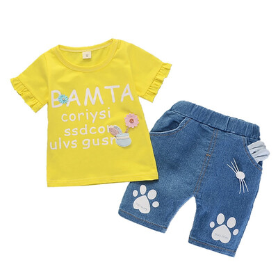 

Summer Baby Girls Short Sleeve Floral Letter Print T-shirt TopsDenim Shorts Suits Casual Outfits Sets