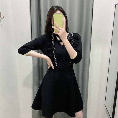 

Women Fashion Dress Solid Color V Neck Sexy Temperament Strap Waist Slim Shirts Half Sleeve Autumn Dress