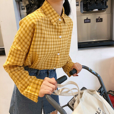 

2019 Autumn Spring Ladies Female Casual Cotton Lapel Long-Sleeve Plaid Shirt Women Slim Outerwear Blouse Tops Clothing