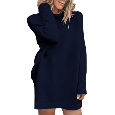 

Women Autumn Stylish Solid Color High Collar Long Sleeve Loose High Collar Elegant Sweater Dress