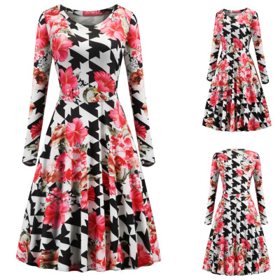 

Tailored Women Fashion Floral Print Dress Round Neck Zipper Long Sleeve Party Dress