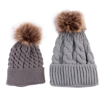 

2Pcs Cute Women Mother Baby Parent-child Hats Kids Boys Girls Knitted Crochet Warm Winter Knit Fur Hook Pompon Winter Caps
