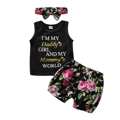 

Summer Baby Girl Cute Casual Sleeveless Letters Print Tops Vest With Flower Shorts Headband Outfits Set