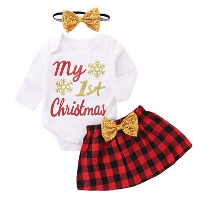 

Spring Autumn Casual Baby Girl Letter Printing Bodysuit And Plaid Skirt And Headband Kids Three-piece Outfit Sets