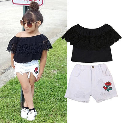 

Toddler Kids Baby Girls Off Shoudler Lace Splice Vest Tank Tops Ripped Denim Floral Shorts Pants 2PcsSet