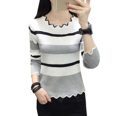 

Autumn Women Knit Bottom Shirt Stripe Long Sleeve O-neck Wavy Edge Tops