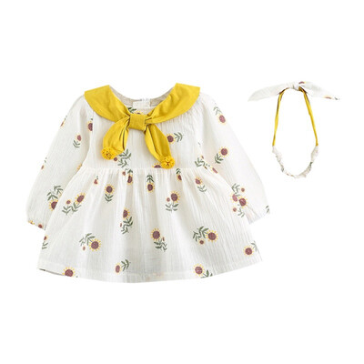

Girls Dress Autumn Casual Baby Girls Floral Pattern Long Sleeve Dress With Headband Kids Toddler Pageant Sundress