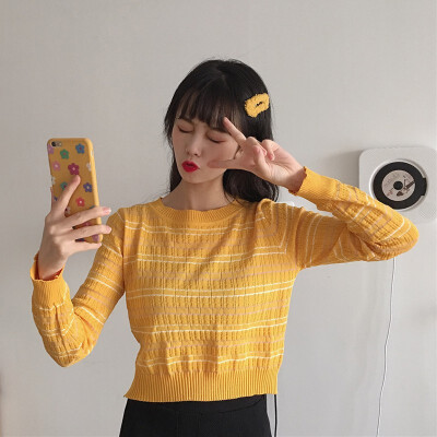 

Casual Striped Knitting T Shirt Women Long Sleeve Road Navel O Neck Top Tops Short T-shirt