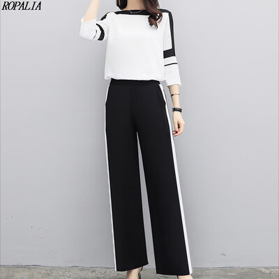 

Womens Fashion O-Neck Color Block Top And Ankle-Length Pockets Wide Leg Pants Chiffon Set