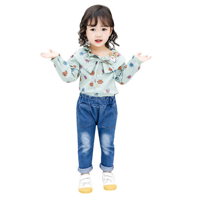 

Girls Clothing Sets Autumn Floral Print Blouse TopsDenim Pants 2 PCS Long Sleeve Children Set Girl Clothes Suit Casual Outfits