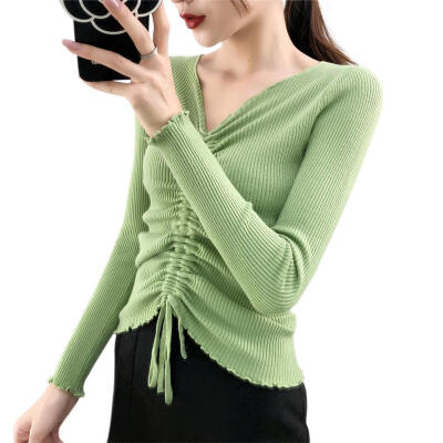 

Solid Color Drawstring V-neck Knitted Jumper Women Long Sleeve Slim Tops