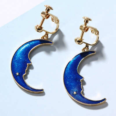 

Enamel Star Moon Dangle Ear Stud Earrings Asymmetric Hook Clip Jewelry Women