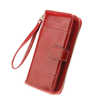 

Retro Women Solid Color Oil Wax Faux Leather Wallet Long Zipper Coin Bag Purse