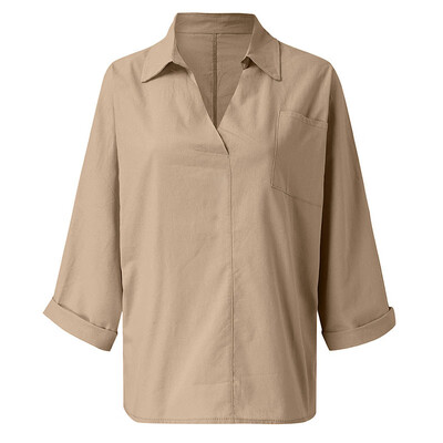 

Womens Blouse V-Neck Cotton Solid Color Loose Comfortable Autumn Plus Size Long-sleeved Pocket Casual blusas mujer de moda