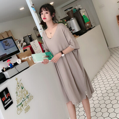 

Women V-neck Plus Nightdress Large Size Half-sleeved Split Dress Loose Modal Nightdress