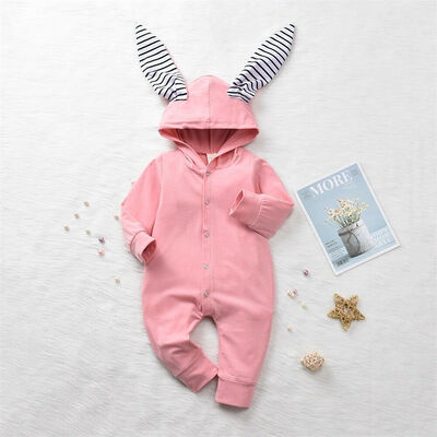 

0-24M Newborn Baby Girls Boys Romper Clothes Long Sleeve Single Breasted Striped Long Ears Hooded Jumpsuits Playsuit Outfits