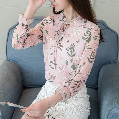 

2018 Summer Floral Print Chiffon Blouse Ruffled Collar Bow Neck Shirt Petal Short Sleeve Chiffon Tops Plus Size Blusas Femininas