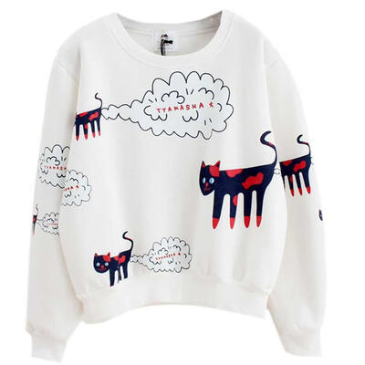 

2018 New Autumn Women Kawaii Fashion Full Sleeves O-Neck Tops Loose Casual Cartoon Cat Pattern Pullover Sweatshirt