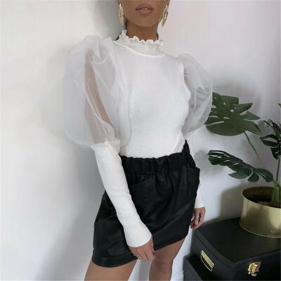 

Womens Fashion Sheer Pullover Casual Shirts Mesh Puff Sleeve Blouse Slim Tops