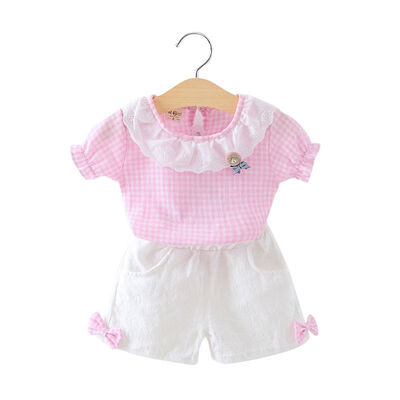 

2019 Baby Kid Girl Clothes Summe Cute Plaid Lace Girl Clothing Set Short Sleeves TopShort Pant 2PCs Kids Clothes Set