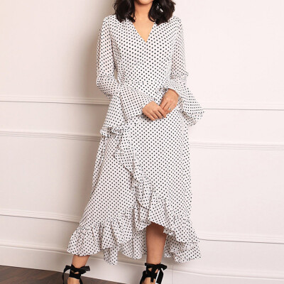 

Tailored Women Fashion V-Neck Ruffles Point Print Bandage Hight Waist Long Sleeve Dress