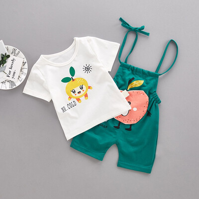 

Children Summer Boys Girls Clothing Set Cartoon Apple Print Short Sleeve Round Collar Casual T-shirtBib Pants