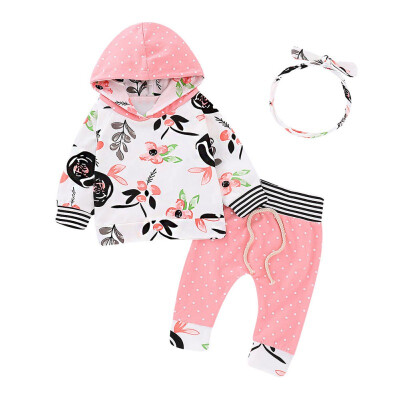 

Baby Boy Girl Clothes Autumn Cute Floral Pattern Long Sleeve Hoodie Sweatshirts Trousers Headband Outfits 2PCS Set