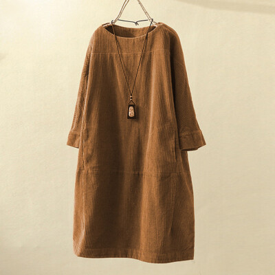 

Tailored Women Vintage Pockets Corduroy Solid Color Long Sleeve Loose Casual Dress