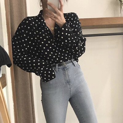 

Spring Autumn Chiffon Polka Dot Shirt Long-sleeved Autumn Korean Sexy V neck Loose Vintage Aesthetic Blouses Fall Clothing