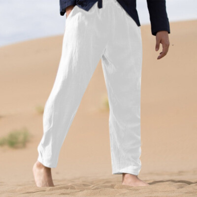 

Tailored Mens Vintage Summer Casual Solid Drawstring Cotton Linen Long Pants Trousers